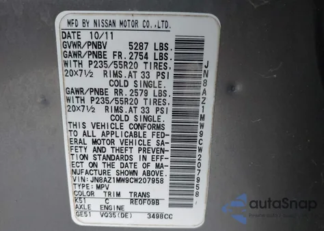 2012 Nissan Murano Le z USA, uszkodzony, nr VIN JN8AZ1MW9CW207958